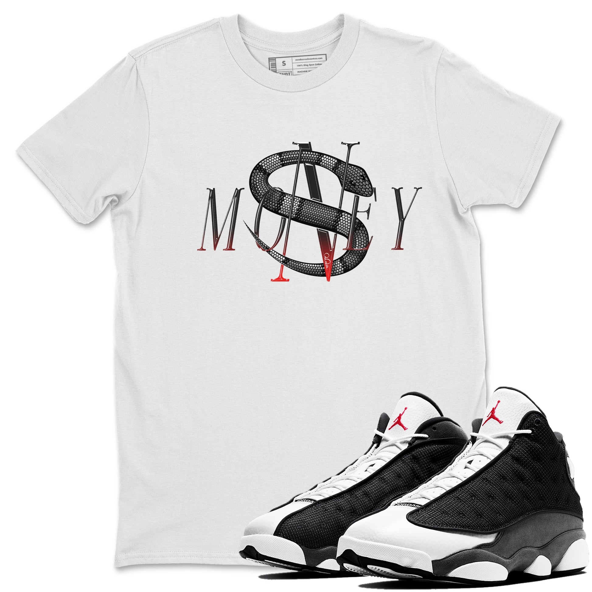 Air Jordan 13 Black Flint Sneaker Match Tees Money Snake Sneaker Tees AJ13 Retro Black Flint Sneaker Release Tees Unisex Shirts White 1