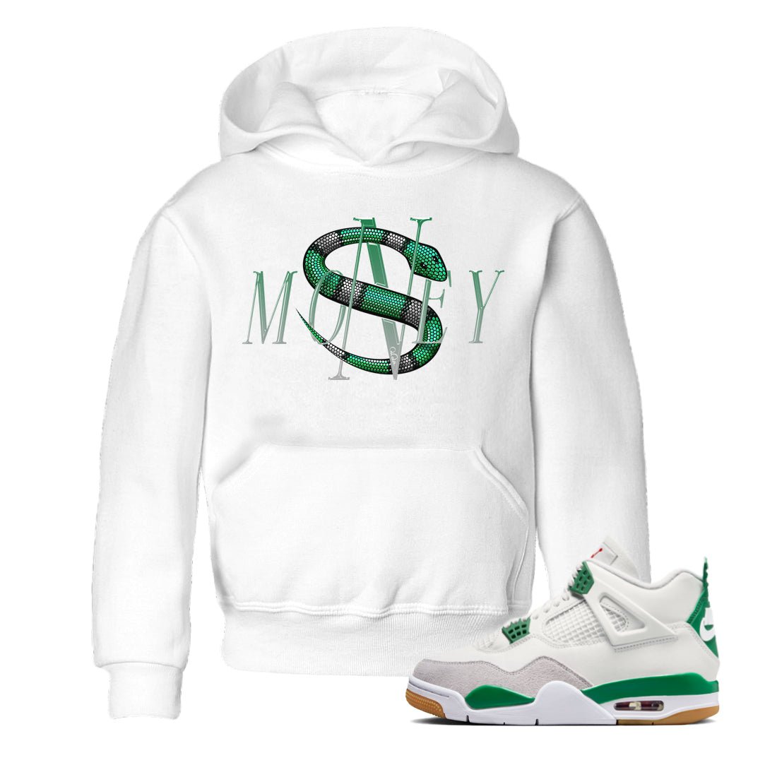Air Jordan 4 Pine Green Sneaker Match Tees Money Snake Sneaker Tees AJ4 Pine Green Sneaker Release Tees Kids Shirts White 1