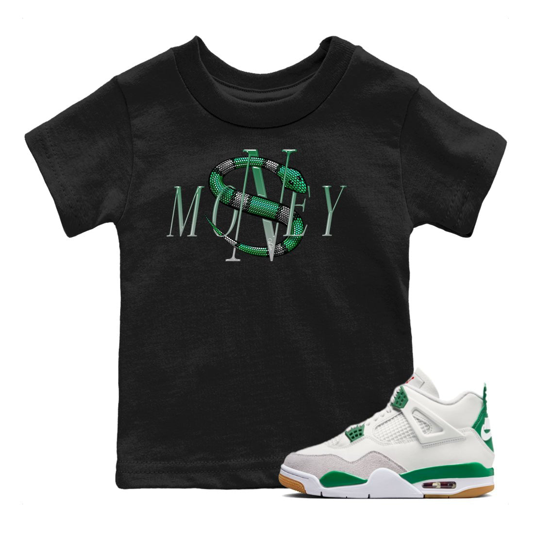 Air Jordan 4 Pine Green Sneaker Match Tees Money Snake Sneaker Tees AJ4 Pine Green Sneaker Release Tees Kids Shirts Black 1