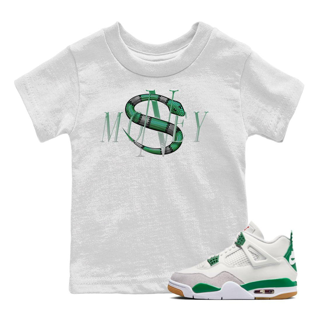Jordan 4 Pine Green SB Sneaker Match Tees Money Snake Sneaker Tees AJ4 Pine Green SB Sneaker Tees Sneaker Release Shirts Kids Shirts White 1