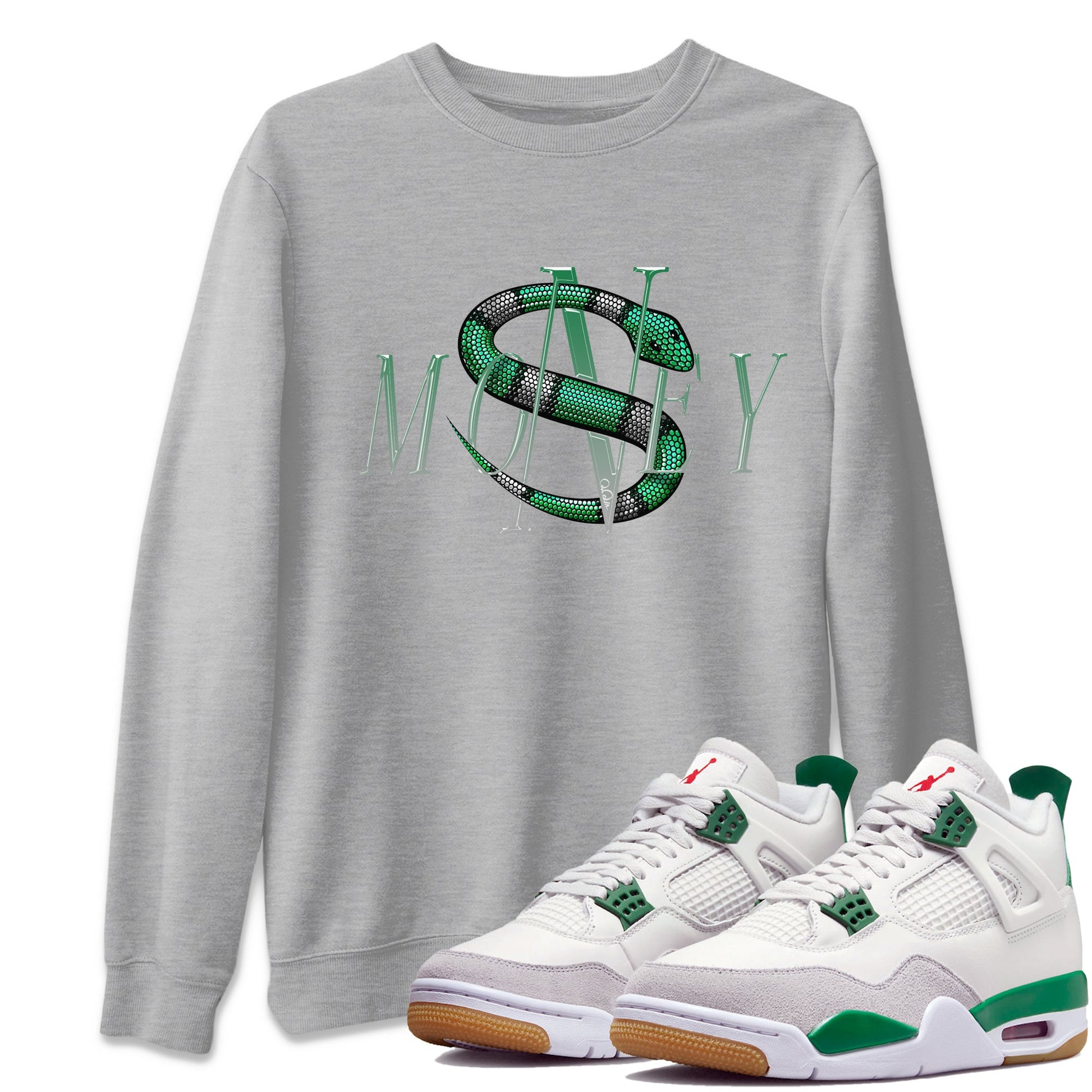 Air Jordan 4 Pine Green Sneaker Match Tees Money Snake Sneaker Tees AJ4 Pine Green Sneaker Release Tees Unisex Shirts Heather Grey 1