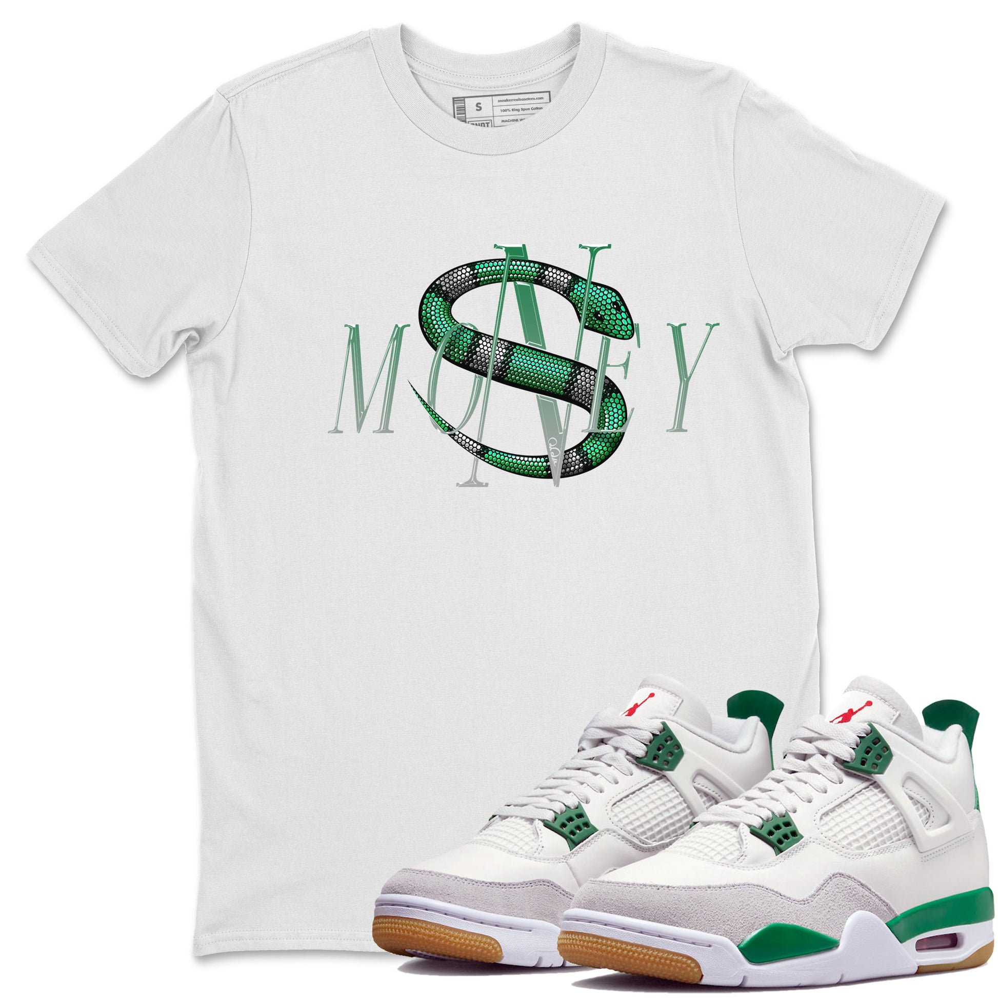 Air Jordan 4 Pine Green Sneaker Match Tees Money Snake Sneaker Tees AJ4 Pine Green Sneaker Release Tees Unisex Shirts White 1