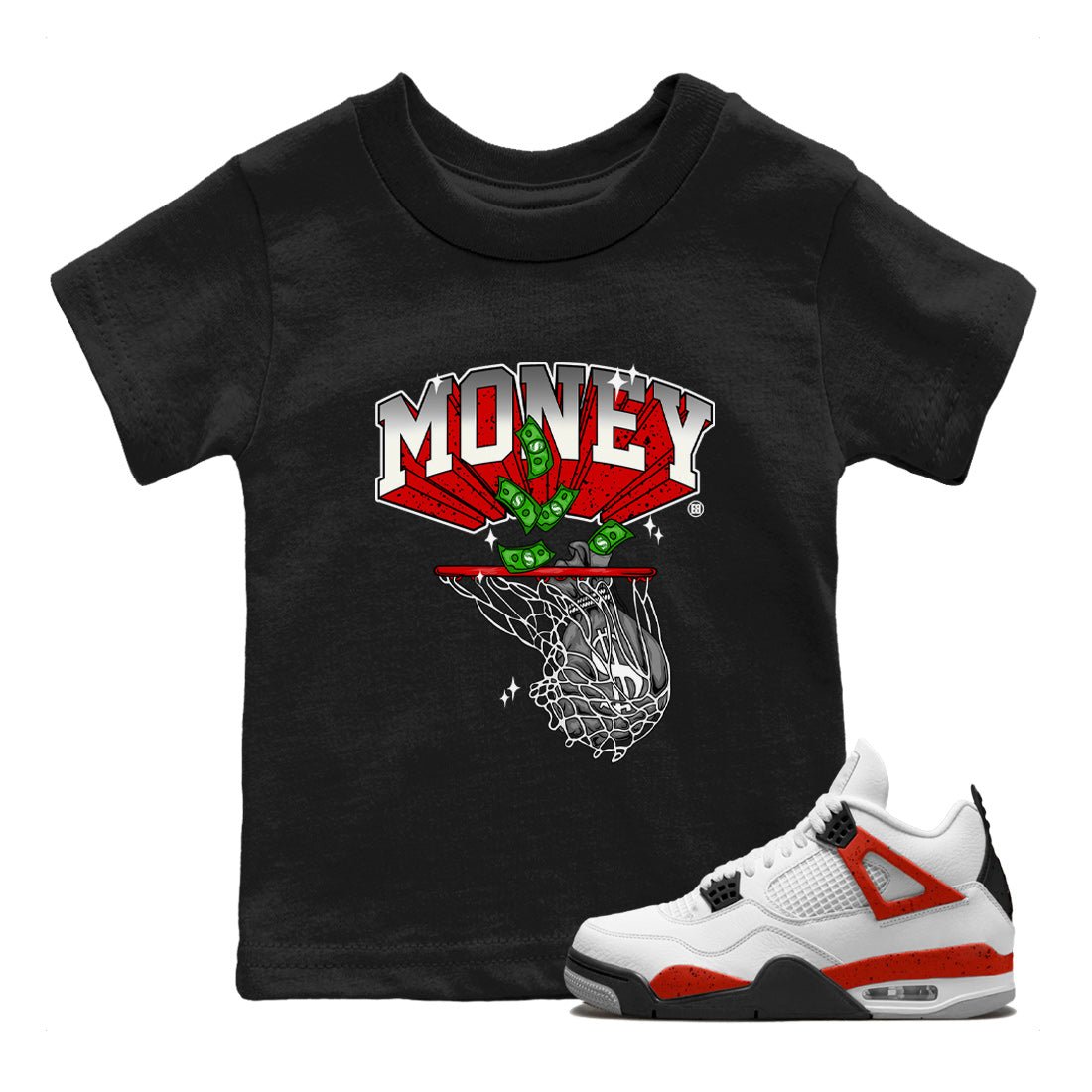 Air Jordan 4 Red Cement Sneaker Match Tees Money Swish Sneaker Tees AJ4 Red Cement Sneaker Release Tees Kids Shirts Black 1