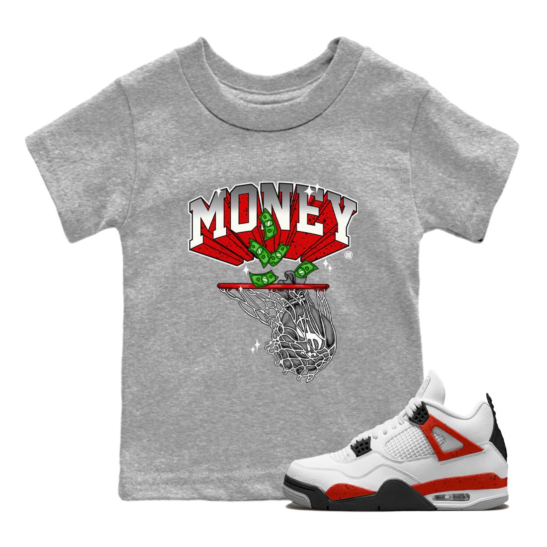 Air Jordan 4 Red Cement Sneaker Match Tees Money Swish Sneaker Tees AJ4 Red Cement Sneaker Release Tees Kids Shirts Heather Grey 1