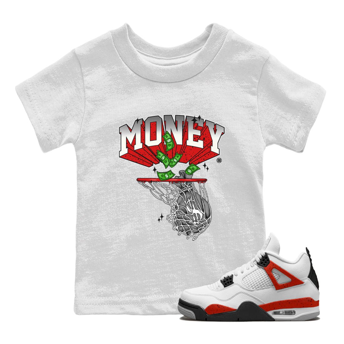 Air Jordan 4 Red Cement Sneaker Match Tees Money Swish Sneaker Tees AJ4 Red Cement Sneaker Release Tees Kids Shirts White 1