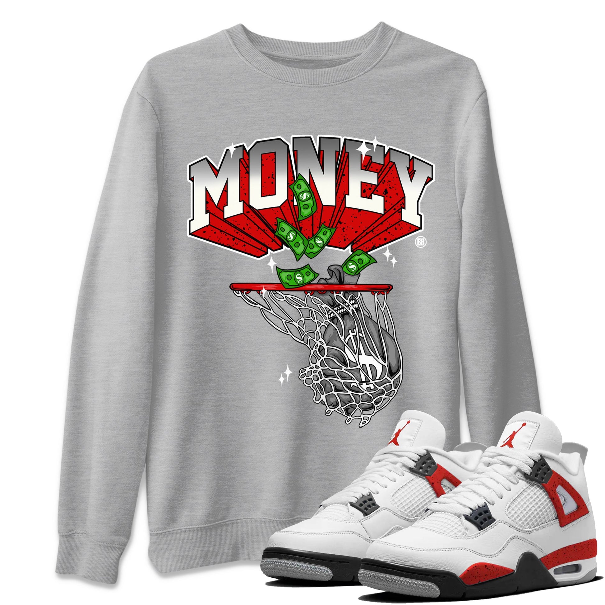 Air Jordan 4 Red Cement Sneaker Match Tees Money Swish Sneaker Tees AJ4 Red Cement Sneaker Release Tees Unisex Shirts Heather Grey 1