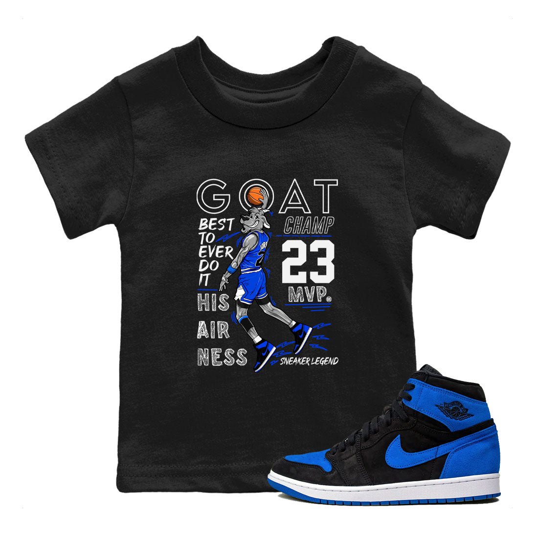 1s Royal Reimagined shirt to match jordans MVP Goat sneaker matching t-shirt Air Jordan 1 Royal Reimagined SNRT Sneaker Release Tees Baby Toddler Black 1 T-Shirt