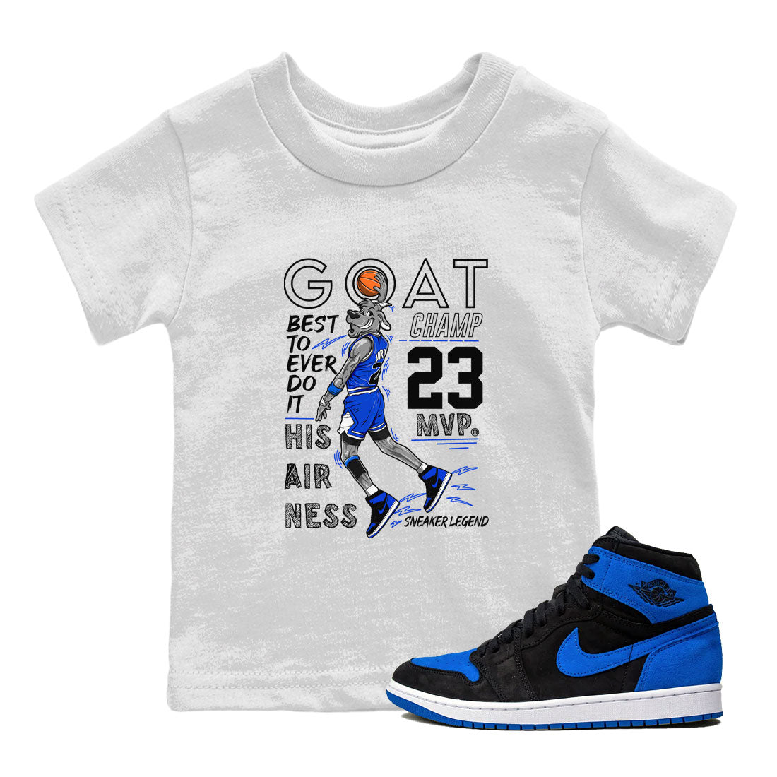 1s Royal Reimagined shirt to match jordans MVP Goat sneaker matching t-shirt Air Jordan 1 Royal Reimagined SNRT Sneaker Release Tees Baby Toddler White 1 T-Shirt