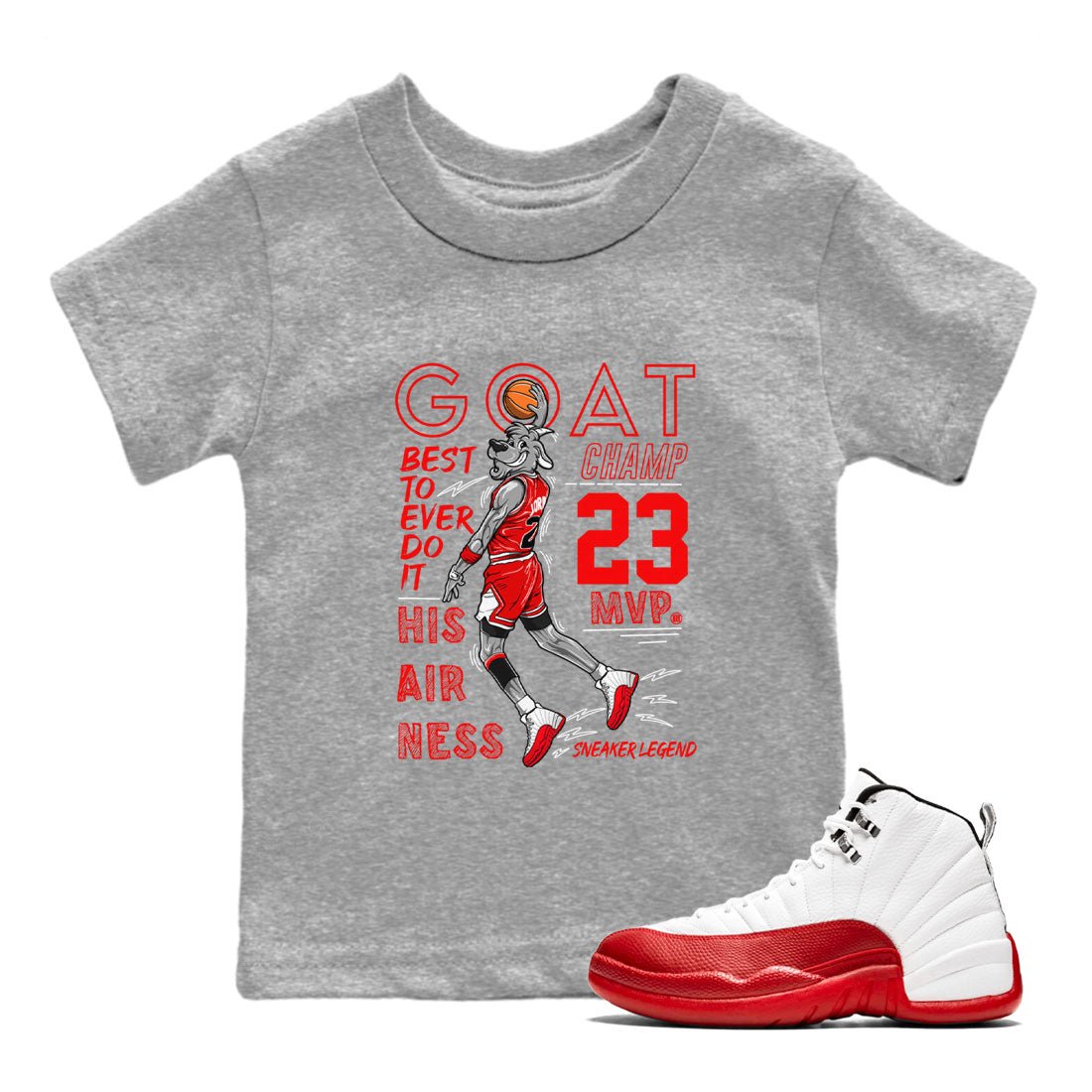 Air Jordan 12 Cherry shirt to match jordans MVP Goat sneaker matching t-shirt 12s Cherry SNRT Sneaker Release Tees Baby Toddler Heather Grey 1 T-Shirt