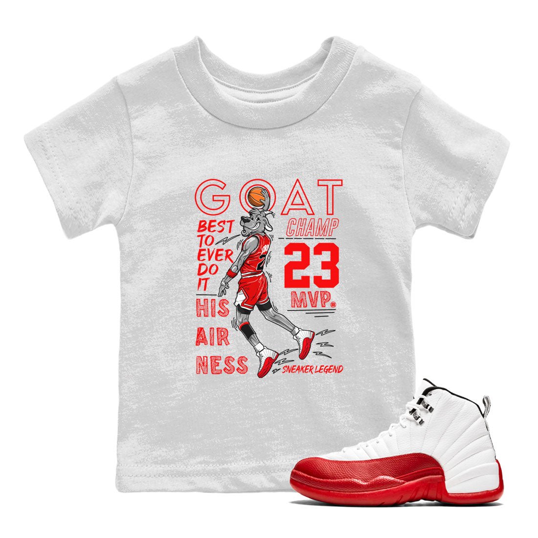 Air Jordan 12 Cherry shirt to match jordans MVP Goat sneaker matching t-shirt 12s Cherry SNRT Sneaker Release Tees Baby Toddler White 1 T-Shirt