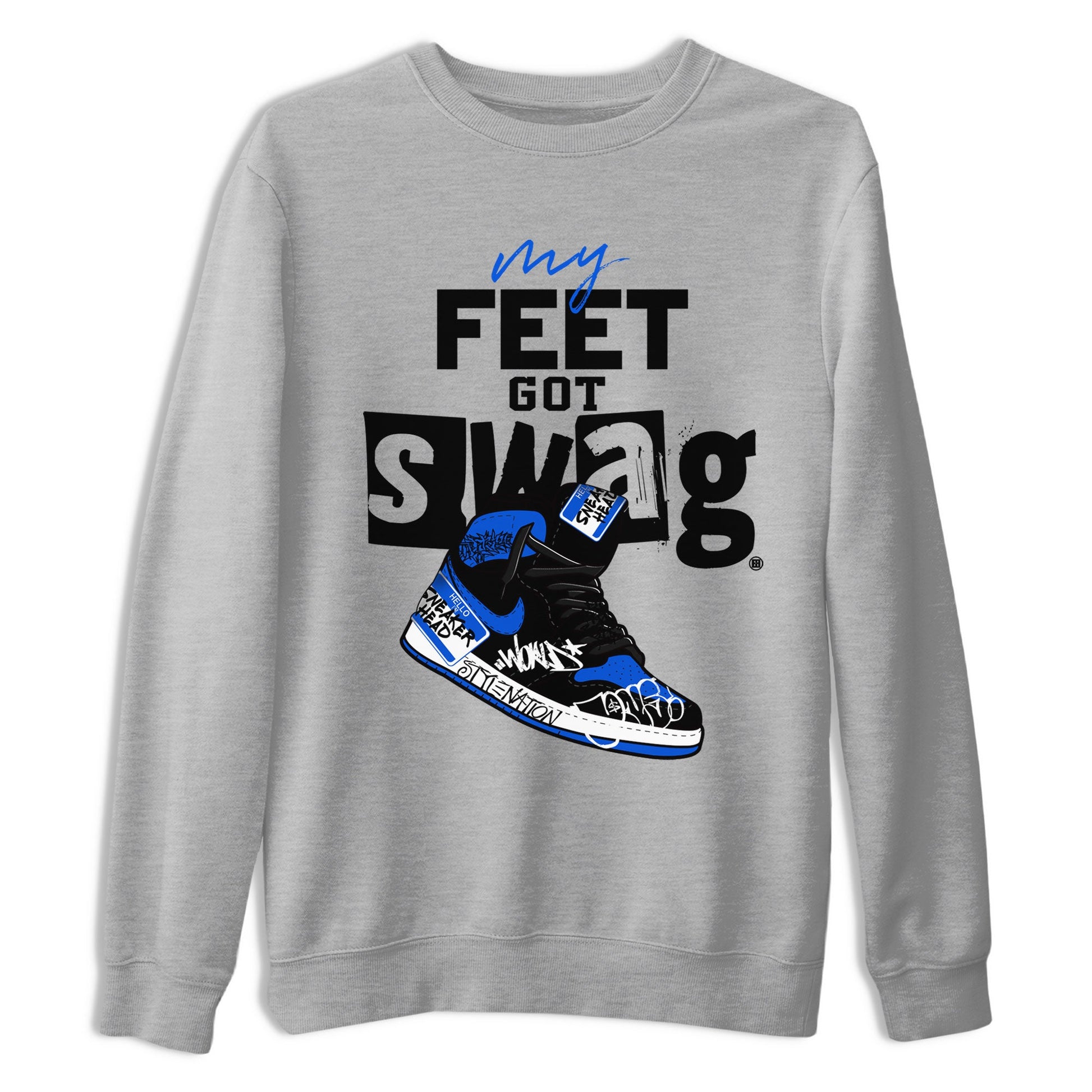 1s Royal Reimagined shirt to match jordans My Feet Got Swag sneaker matching t-shirt Air Jordan 1 Royal Reimagined SNRT Sneaker Release Tees Unisex Heather Grey 2 T-Shirt