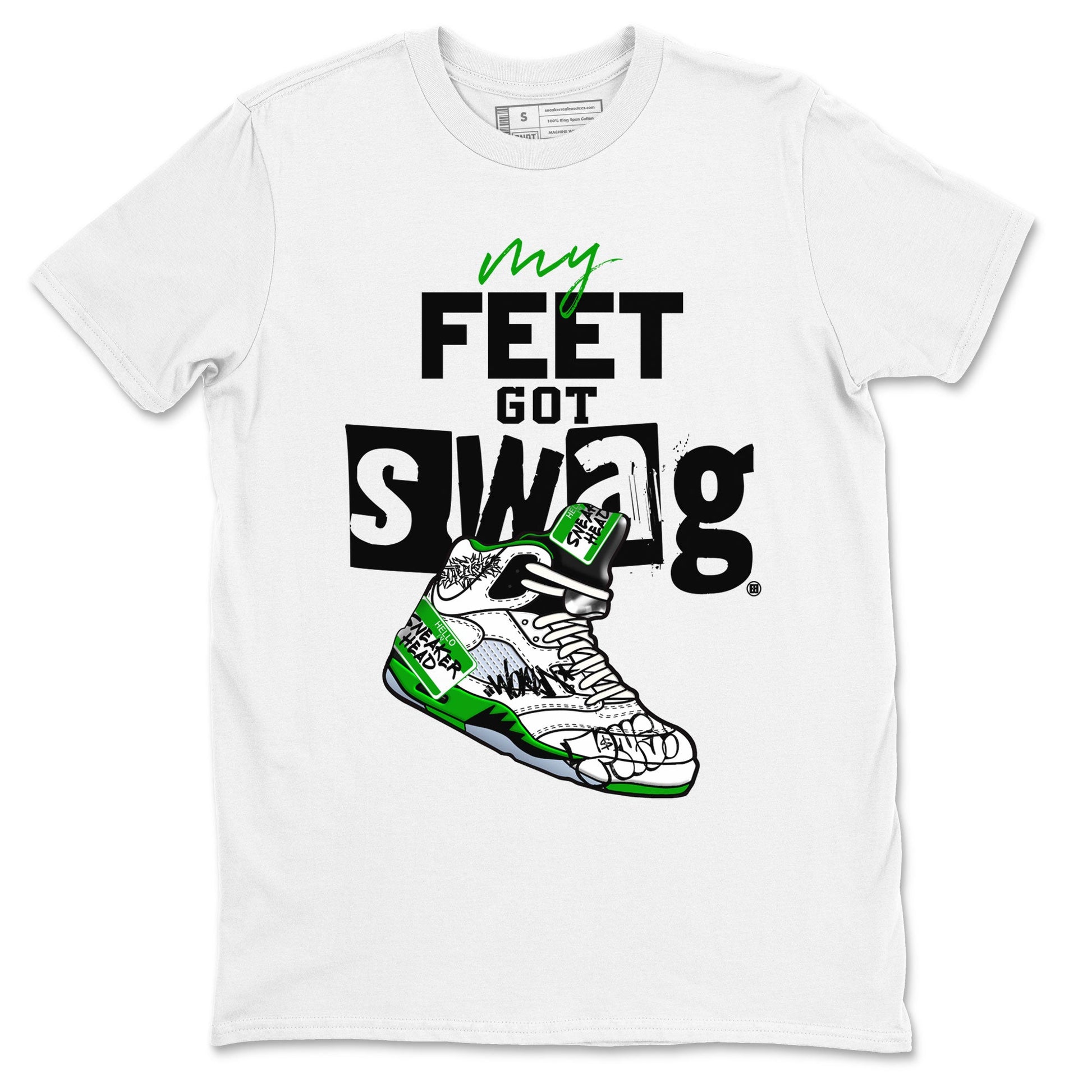 AJ5 Retro Lucky Green shirt to match jordans My Feet Got Swag sneaker tees Air Jordan 5 Retro Lucky Green SNRT Sneaker Tees Casual Crew Neck T-Shirt Unisex White 2 T-Shirt