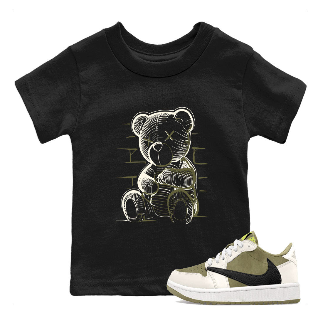 Jordan 1 Low x Travis Scott Golf Olive shirt to match jordans Neon Bear sneaker tees Air Jordan 1 Travis Scott Olive SNRT Sneaker Release Tees Baby Toddler Black 1 T-Shirt