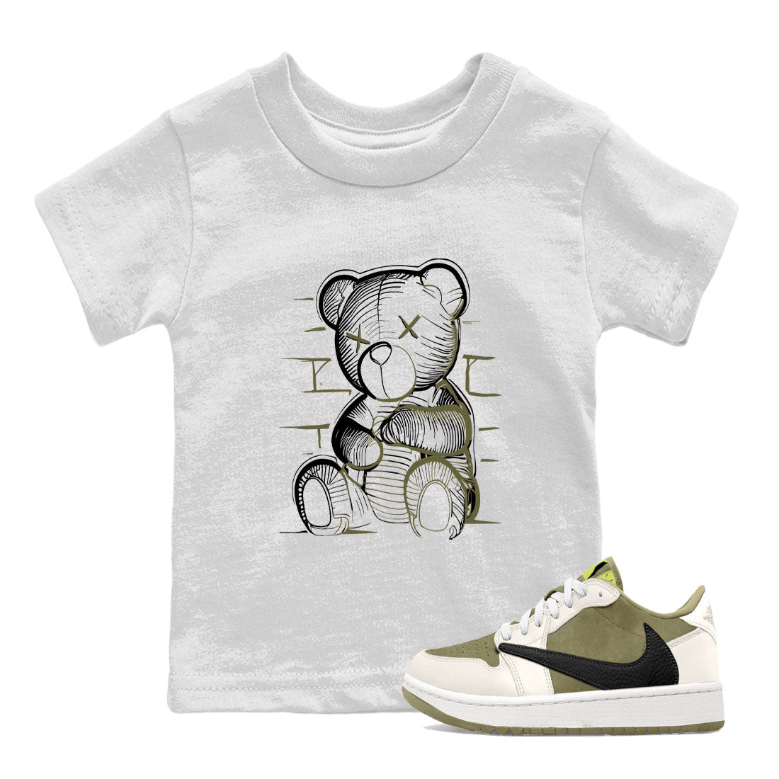 Jordan 1 Low x Travis Scott Golf Olive shirt to match jordans Neon Bear sneaker tees Air Jordan 1 Travis Scott Olive SNRT Sneaker Release Tees Baby Toddler White 1 T-Shirt