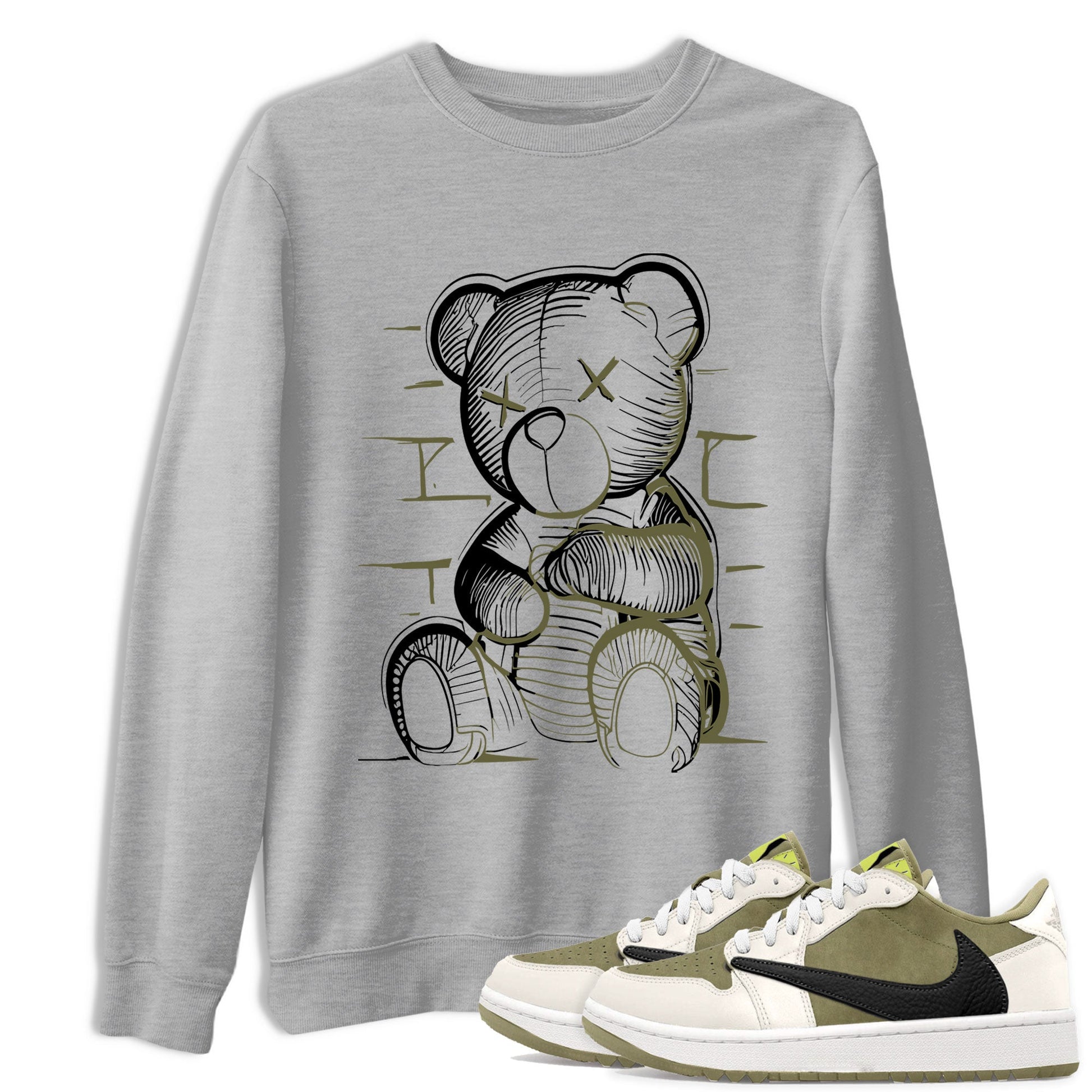 Jordan 1 Low x Travis Scott Golf Olive shirt to match jordans Neon Bear sneaker tees Air Jordan 1 Travis Scott Olive SNRT Sneaker Release Tees Unisex Heather Grey 1 T-Shirt