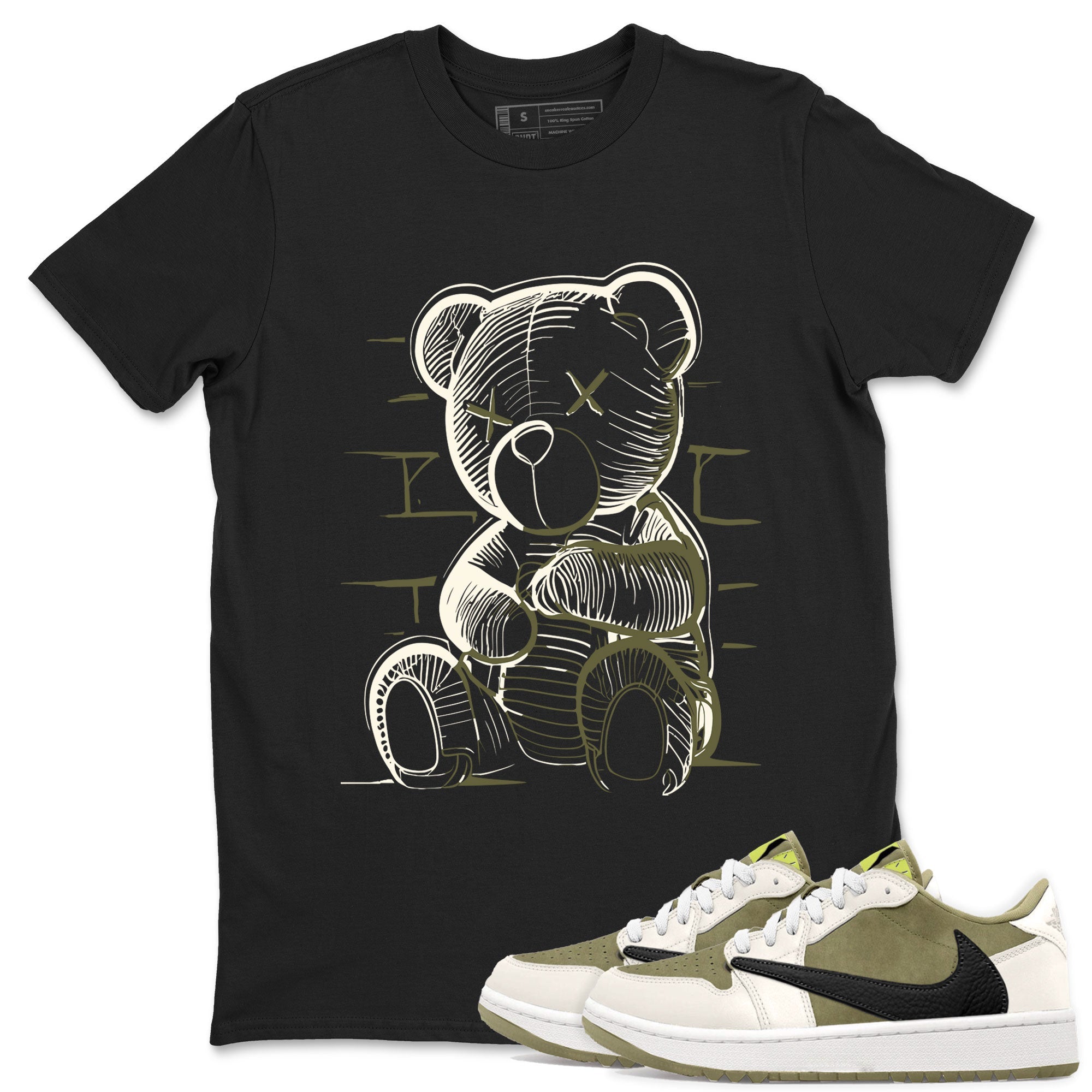 Jordan 1 Low x Travis Scott Golf Olive shirt to match jordans Neon Bear sneaker tees Air Jordan 1 Travis Scott Olive SNRT Sneaker Release Tees Unisex Black 1 T-Shirt