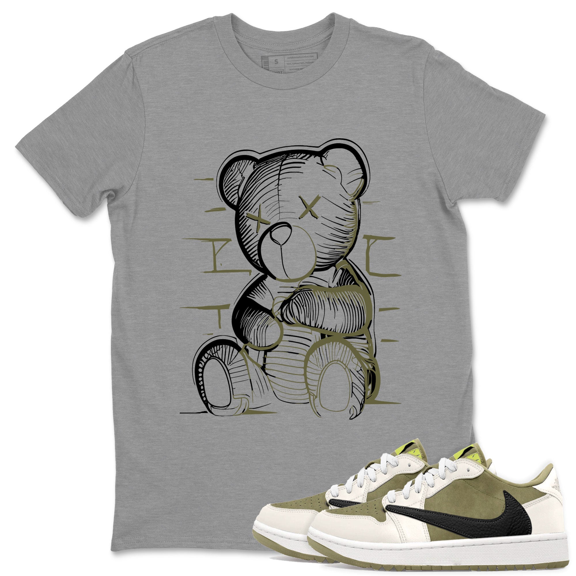 Jordan 1 Low x Travis Scott Golf Olive shirt to match jordans Neon Bear sneaker tees Air Jordan 1 Travis Scott Olive SNRT Sneaker Release Tees Unisex Heather Grey 1 T-Shirt