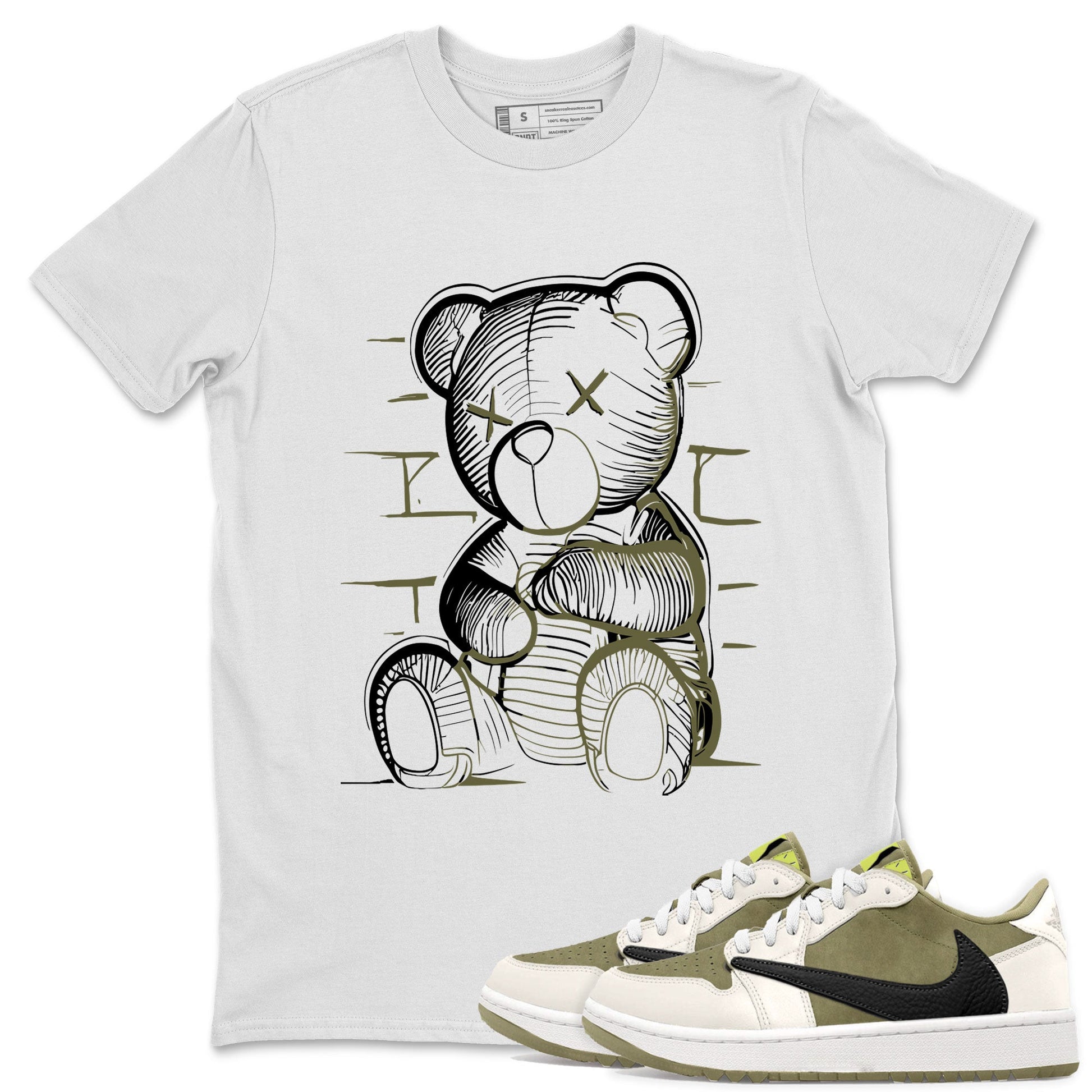 Jordan 1 Low x Travis Scott Golf Olive shirt to match jordans Neon Bear sneaker tees Air Jordan 1 Travis Scott Olive SNRT Sneaker Release Tees Unisex White 1 T-Shirt