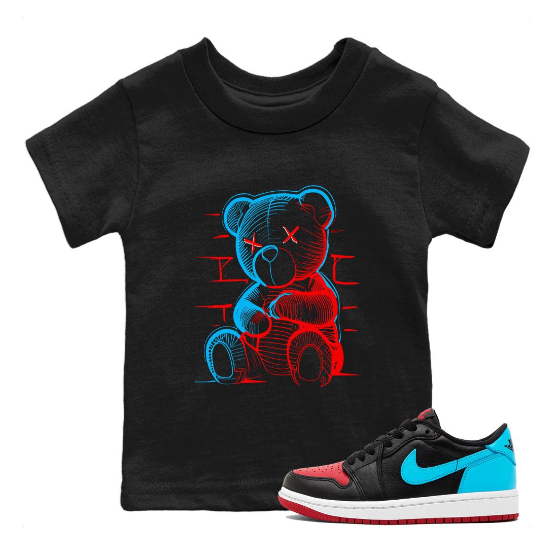Air Jordan 1 UNC to Chicago Sneaker Match Tees Neon Bear Sneaker Tees Jordan 1 Low OG WMNS UNC to Chicago SNRT Sneaker Release Tees Kids and Baby Youth Shirts Black 1