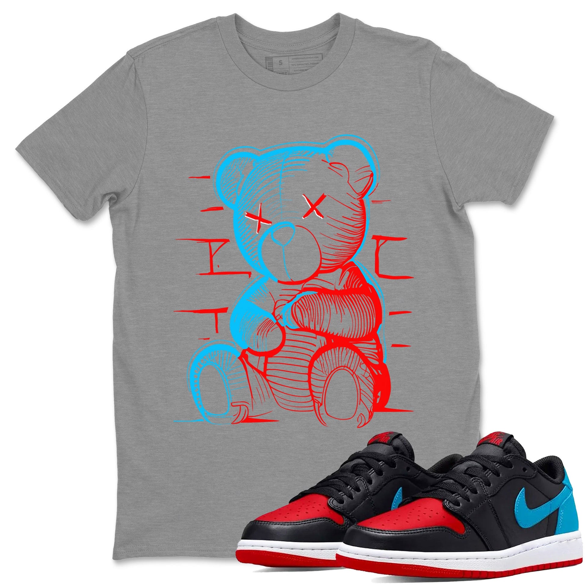 Air Jordan 1 UNC to Chicago Sneaker Match Tees Neon Bear Sneaker Tees Jordan 1 Low OG WMNS UNC to Chicago SNRT Sneaker Release Tees Unisex Shirts Heather Grey 1