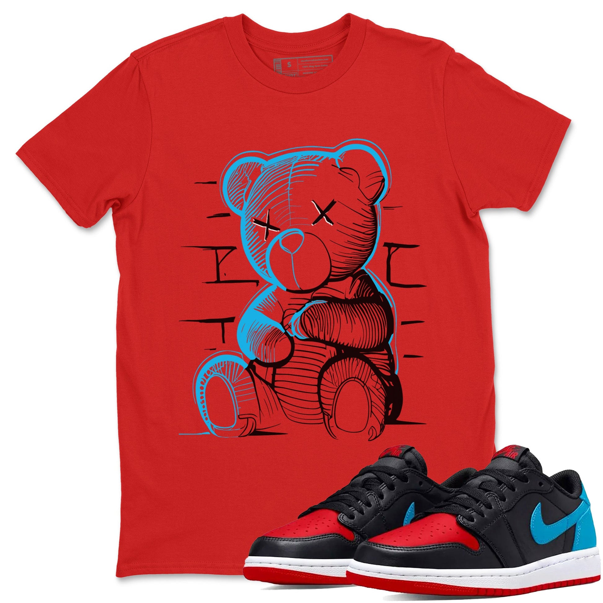 Air Jordan 1 UNC to Chicago Sneaker Match Tees Neon Bear Sneaker Tees Jordan 1 Low OG WMNS UNC to Chicago SNRT Sneaker Release Tees Unisex Shirts Red 1
