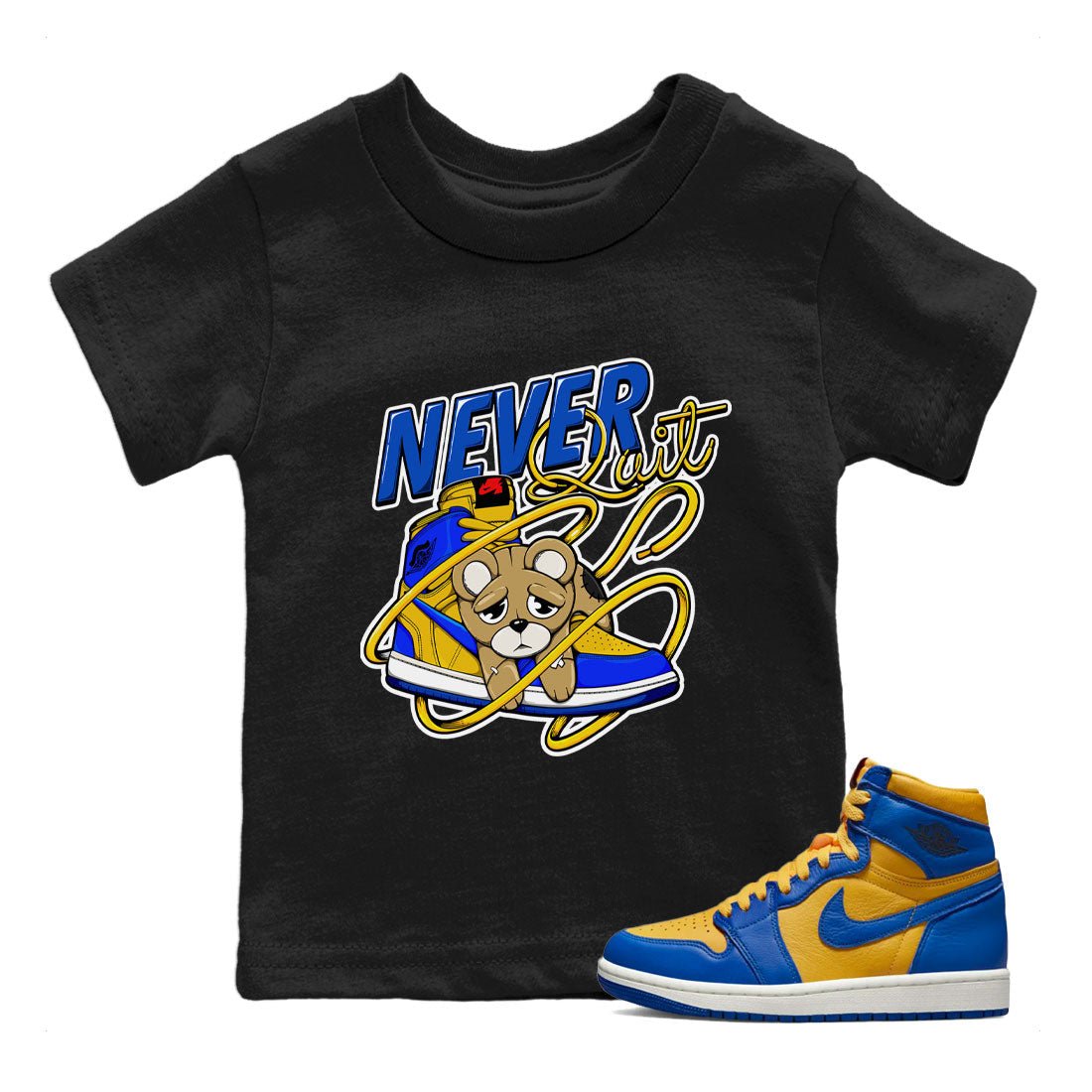 1s Game Royal Varsity Maize shirt to match jordans Never Quit sneaker tees Air Jordan 1 Game Royal Varsity Maize SNRT Sneaker Release Tees Crew Neck T-ShirtBaby Toddler Black 1 T-Shirt