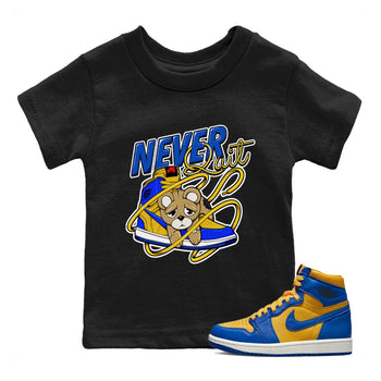 1s Game Royal Varsity Maize shirt to match jordans Never Quit sneaker tees Air Jordan 1 Game Royal Varsity Maize SNRT Sneaker Release Tees Crew Neck T-ShirtBaby Toddler Black 1 T-Shirt