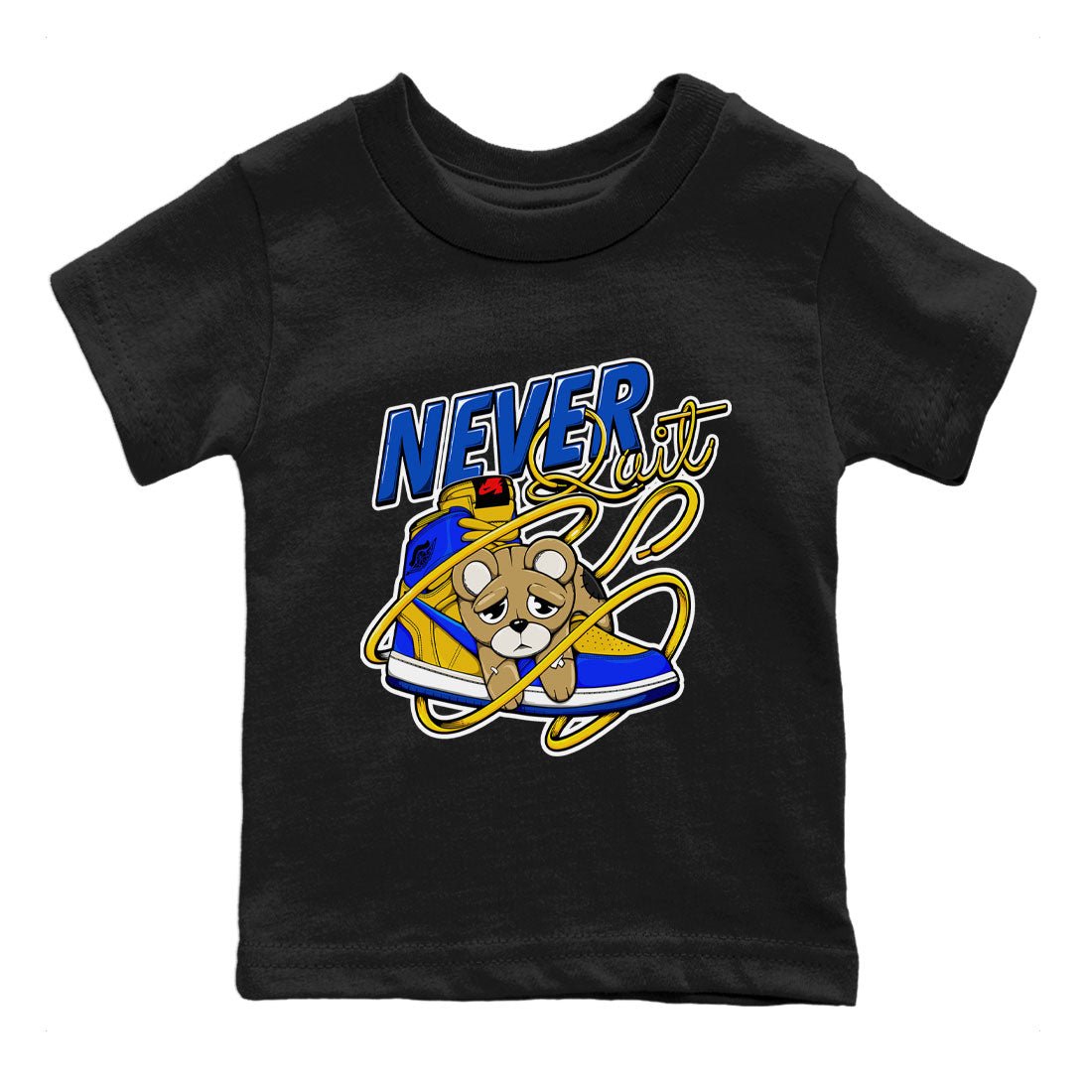 1s Game Royal Varsity Maize shirt to match jordans Never Quit sneaker tees Air Jordan 1 Game Royal Varsity Maize SNRT Sneaker Release Tees Crew Neck T-ShirtBaby Toddler Black 2 T-Shirt