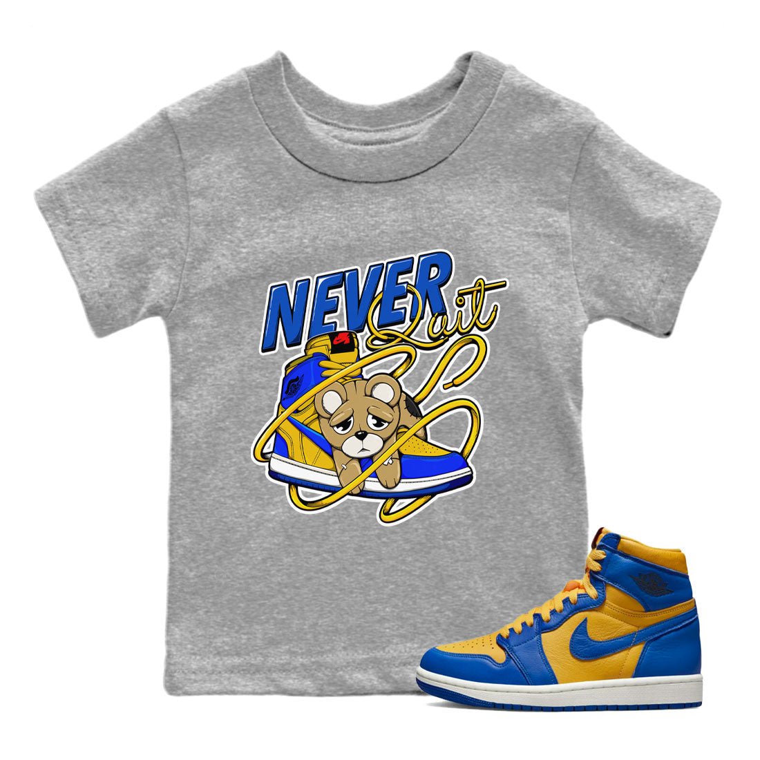 1s Game Royal Varsity Maize shirt to match jordans Never Quit sneaker tees Air Jordan 1 Game Royal Varsity Maize SNRT Sneaker Release Tees Crew Neck T-ShirtBaby Toddler Heather Grey 1 T-Shirt