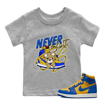 1s Game Royal Varsity Maize shirt to match jordans Never Quit sneaker tees Air Jordan 1 Game Royal Varsity Maize SNRT Sneaker Release Tees Crew Neck T-ShirtBaby Toddler Heather Grey 1 T-Shirt