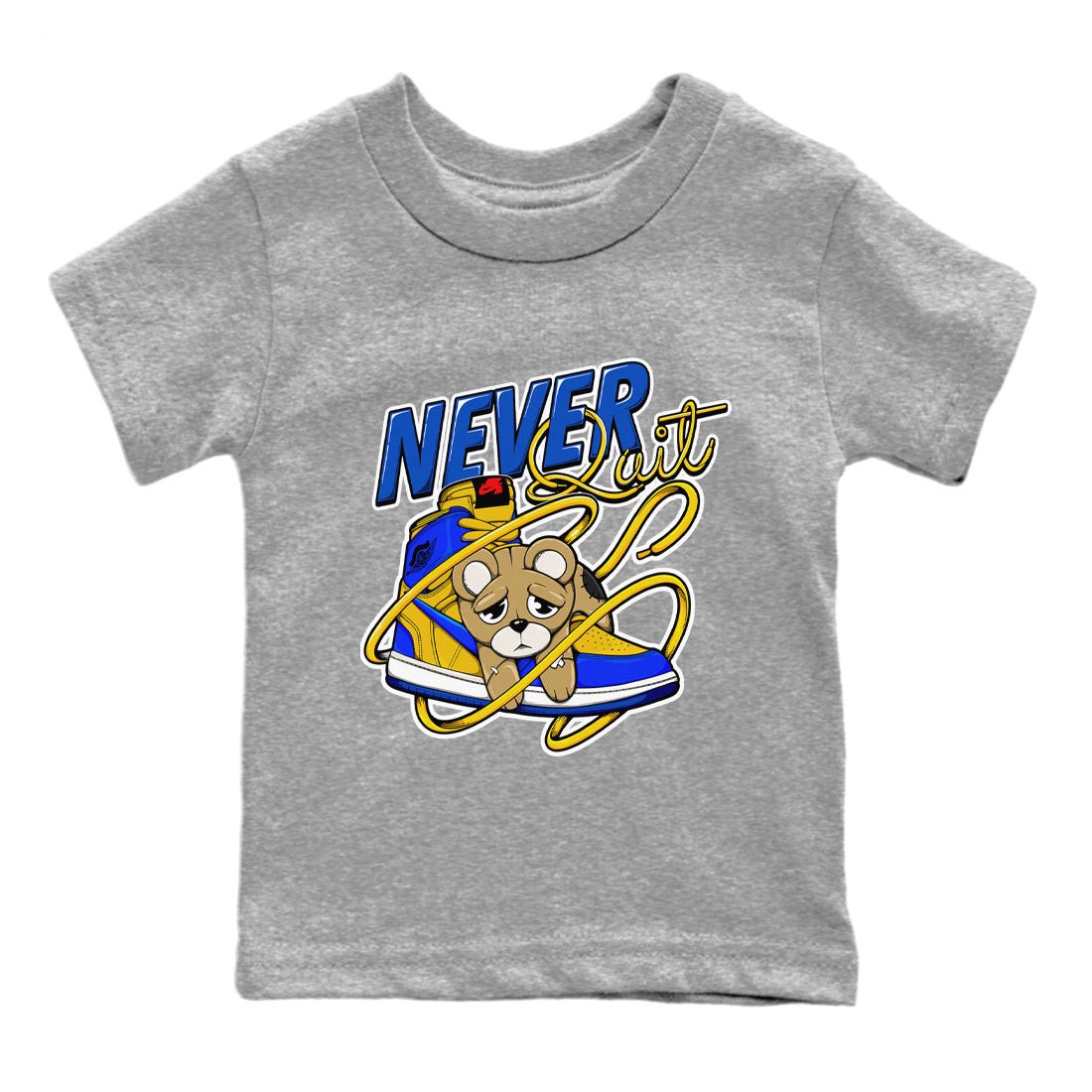 1s Game Royal Varsity Maize shirt to match jordans Never Quit sneaker tees Air Jordan 1 Game Royal Varsity Maize SNRT Sneaker Release Tees Crew Neck T-ShirtBaby Toddler Heather Grey 2 T-Shirt