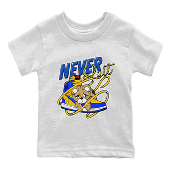 1s Game Royal Varsity Maize shirt to match jordans Never Quit sneaker tees Air Jordan 1 Game Royal Varsity Maize SNRT Sneaker Release Tees Crew Neck T-ShirtBaby Toddler White 2 T-Shirt