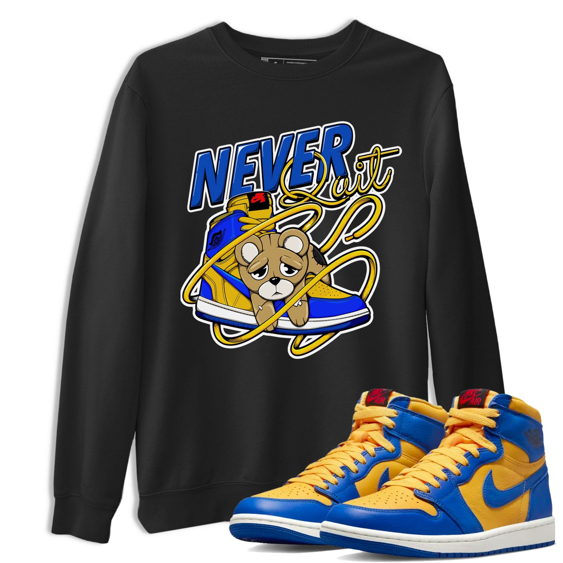1s Game Royal Varsity Maize shirt to match jordans Never Quit sneaker tees Air Jordan 1 Game Royal Varsity Maize SNRT Sneaker Release Tees Crew Neck T-ShirtUnisex Black 1 T-Shirt