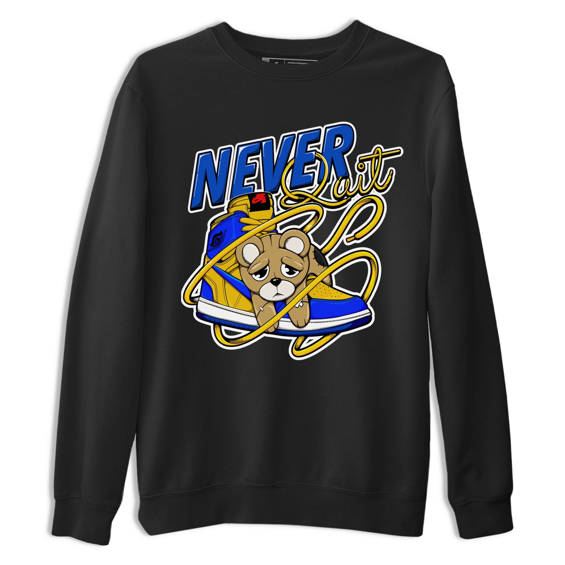 1s Game Royal Varsity Maize shirt to match jordans Never Quit sneaker tees Air Jordan 1 Game Royal Varsity Maize SNRT Sneaker Release Tees Crew Neck T-ShirtUnisex Black 2 T-Shirt