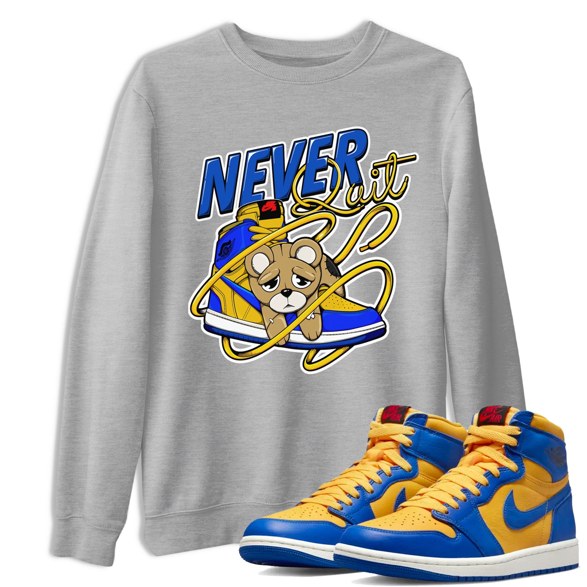 1s Game Royal Varsity Maize shirt to match jordans Never Quit sneaker tees Air Jordan 1 Game Royal Varsity Maize SNRT Sneaker Release Tees Crew Neck T-ShirtUnisex Heather Grey 1 T-Shirt