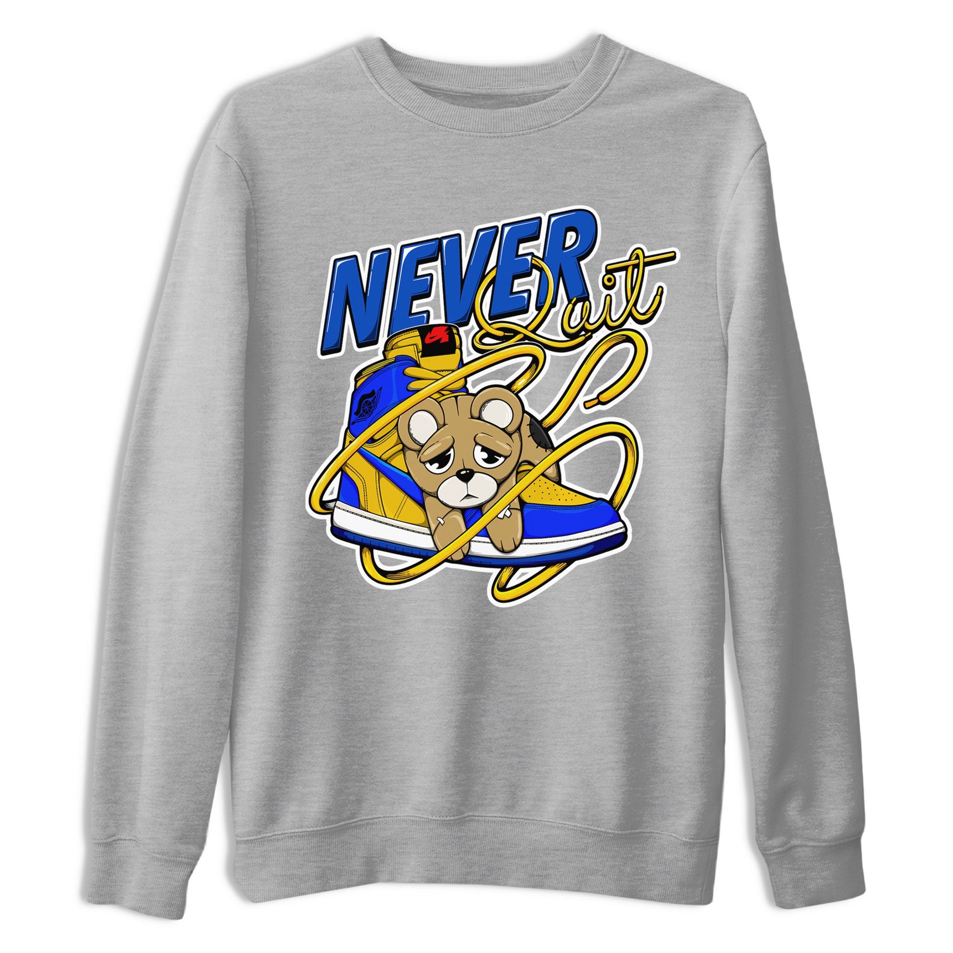 1s Game Royal Varsity Maize shirt to match jordans Never Quit sneaker tees Air Jordan 1 Game Royal Varsity Maize SNRT Sneaker Release Tees Crew Neck T-ShirtUnisex Heather Grey 2 T-Shirt