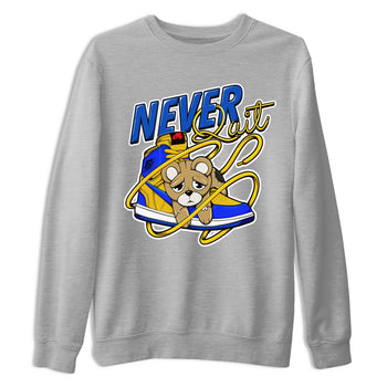 1s Game Royal Varsity Maize shirt to match jordans Never Quit sneaker tees Air Jordan 1 Game Royal Varsity Maize SNRT Sneaker Release Tees Crew Neck T-ShirtUnisex Heather Grey 2 T-Shirt