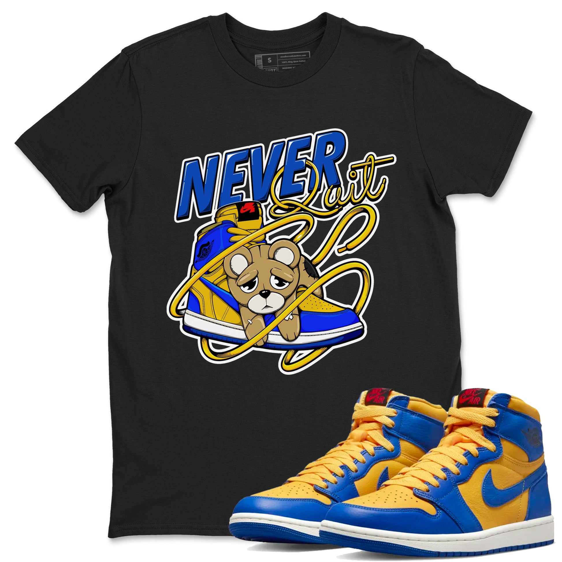 1s Game Royal Varsity Maize shirt to match jordans Never Quit sneaker tees Air Jordan 1 Game Royal Varsity Maize SNRT Sneaker Release Tees Crew Neck T-ShirtUnisex Black 1 T-Shirt
