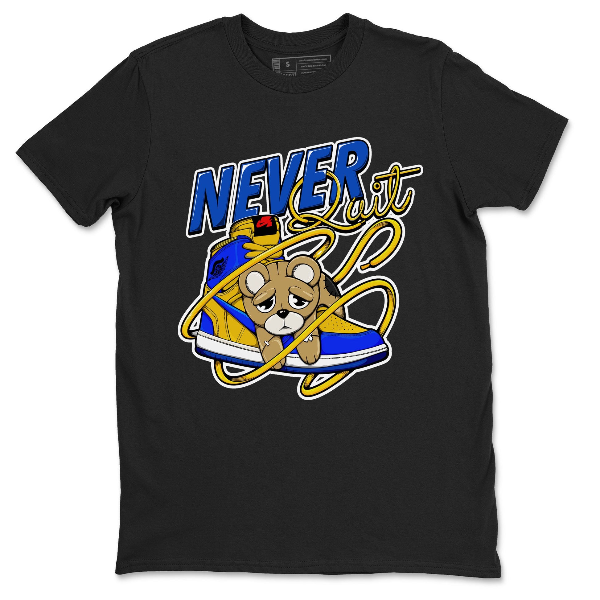 1s Game Royal Varsity Maize shirt to match jordans Never Quit sneaker tees Air Jordan 1 Game Royal Varsity Maize SNRT Sneaker Release Tees Crew Neck T-ShirtUnisex Black 2 T-Shirt
