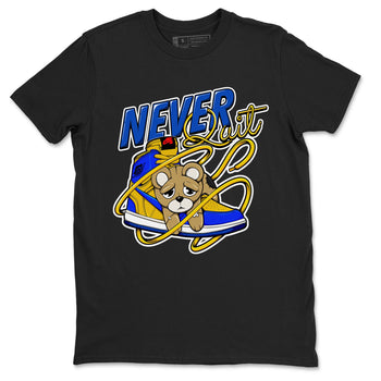 1s Game Royal Varsity Maize shirt to match jordans Never Quit sneaker tees Air Jordan 1 Game Royal Varsity Maize SNRT Sneaker Release Tees Crew Neck T-ShirtUnisex Black 2 T-Shirt