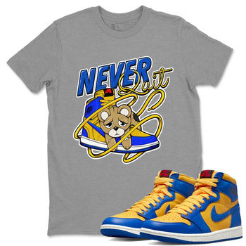 1s Game Royal Varsity Maize shirt to match jordans Never Quit sneaker tees Air Jordan 1 Game Royal Varsity Maize SNRT Sneaker Release Tees Crew Neck T-ShirtUnisex Heather Grey 1 T-Shirt