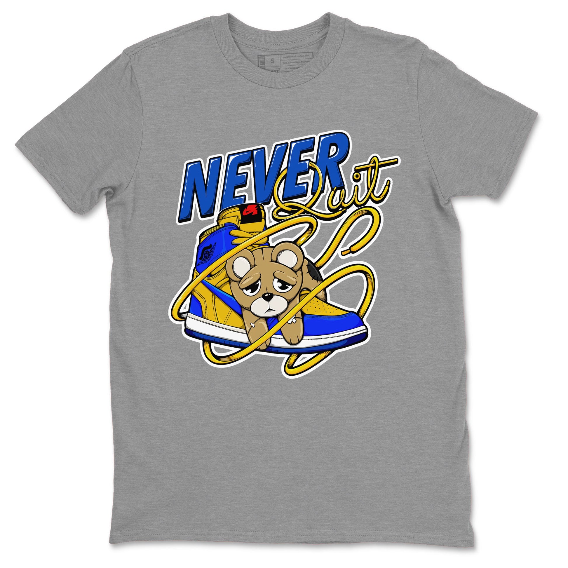 1s Game Royal Varsity Maize shirt to match jordans Never Quit sneaker tees Air Jordan 1 Game Royal Varsity Maize SNRT Sneaker Release Tees Crew Neck T-ShirtUnisex Heather Grey 2 T-Shirt