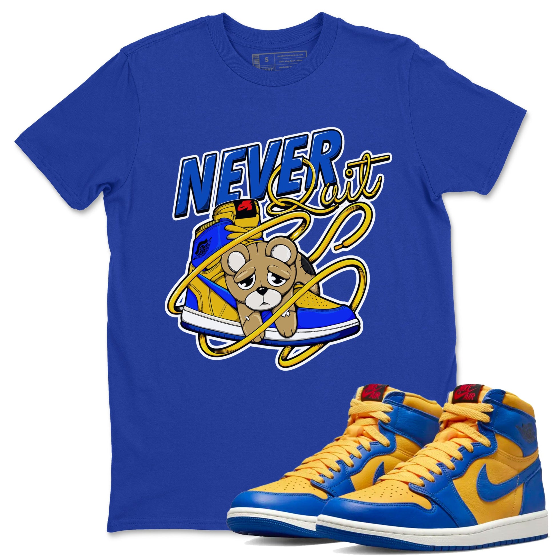 1s Game Royal Varsity Maize shirt to match jordans Never Quit sneaker tees Air Jordan 1 Game Royal Varsity Maize SNRT Sneaker Release Tees Crew Neck T-ShirtUnisex Royal Blue 1 T-Shirt
