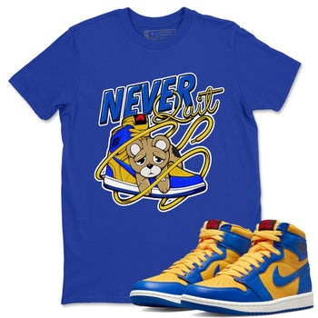 1s Game Royal Varsity Maize shirt to match jordans Never Quit sneaker tees Air Jordan 1 Game Royal Varsity Maize SNRT Sneaker Release Tees Crew Neck T-ShirtUnisex Royal Blue 1 T-Shirt