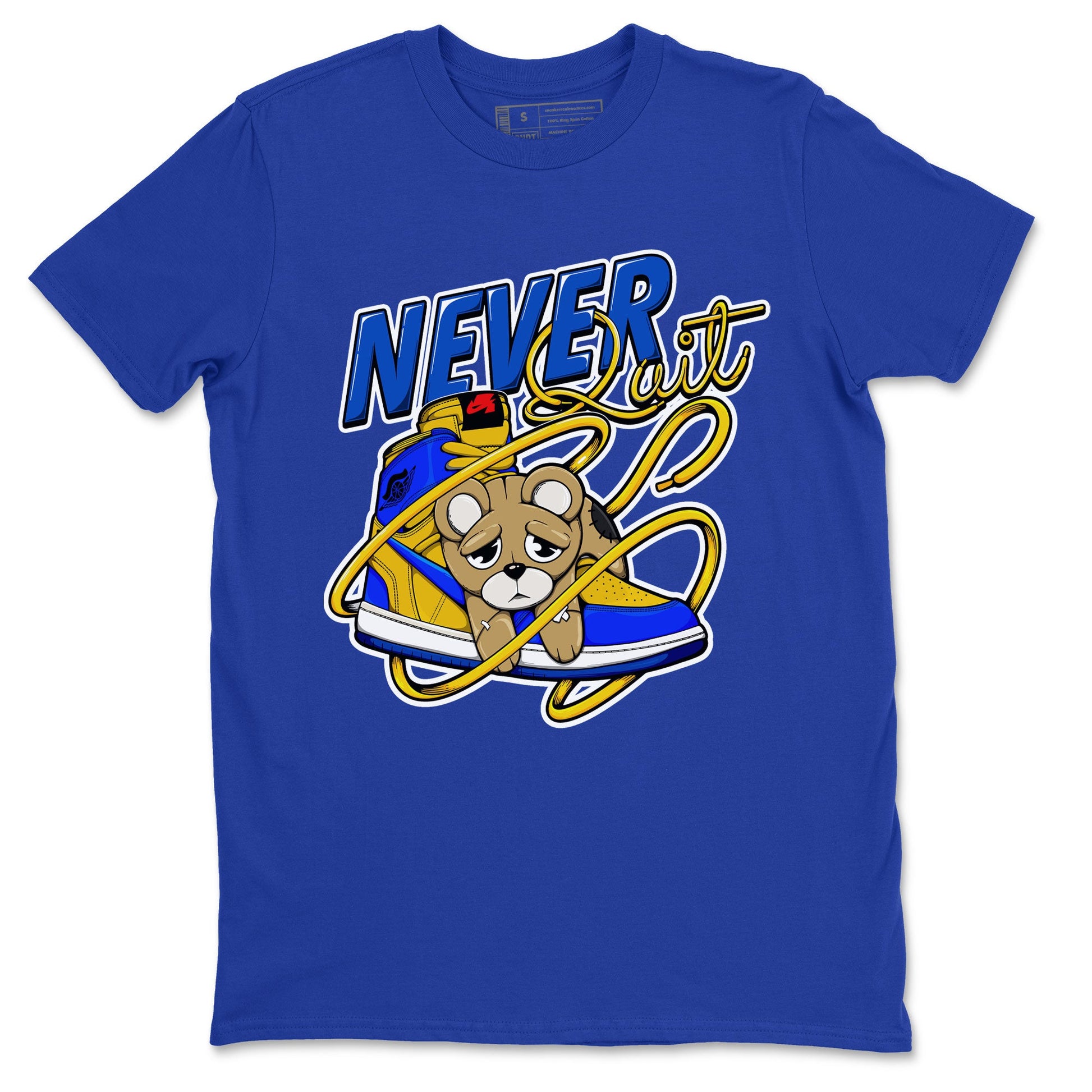 1s Game Royal Varsity Maize shirt to match jordans Never Quit sneaker tees Air Jordan 1 Game Royal Varsity Maize SNRT Sneaker Release Tees Crew Neck T-ShirtUnisex Royal Blue 2 T-Shirt