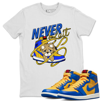 1s Game Royal Varsity Maize shirt to match jordans Never Quit sneaker tees Air Jordan 1 Game Royal Varsity Maize SNRT Sneaker Release Tees Crew Neck T-ShirtUnisex White 1 T-Shirt