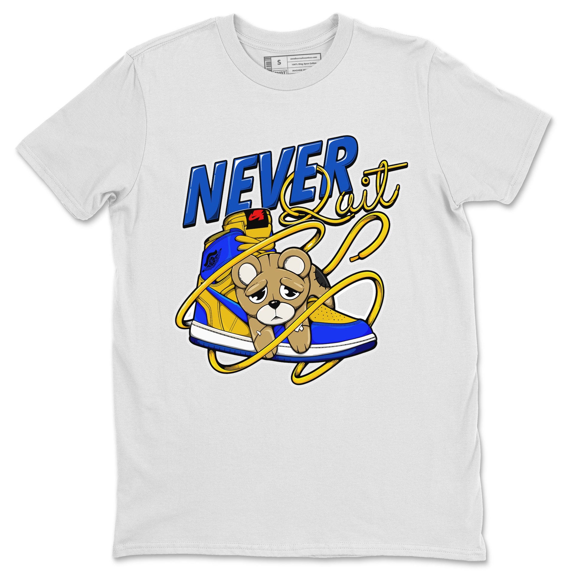 1s Game Royal Varsity Maize shirt to match jordans Never Quit sneaker tees Air Jordan 1 Game Royal Varsity Maize SNRT Sneaker Release Tees Crew Neck T-ShirtUnisex White 2 T-Shirt