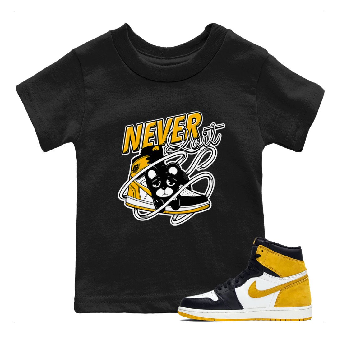 1s Yellow Ochre shirt to match jordans Never Quit sneaker tees streetwear brand Air Jordan 1 High OG Yellow Ochre SNRT sneaker release tees baby toddler Black 1 cotton Shirt
