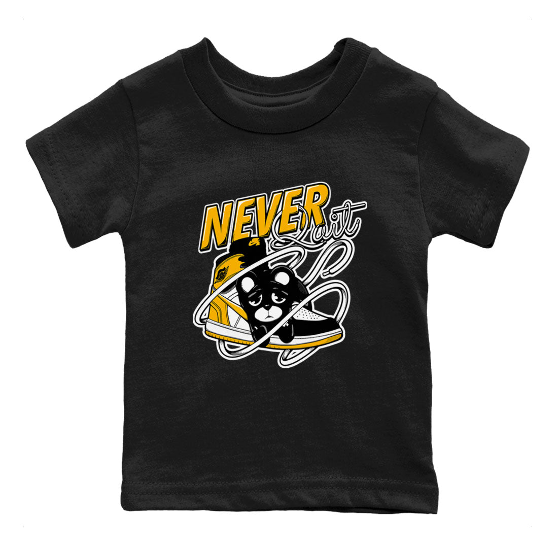 1s Yellow Ochre shirt to match jordans Never Quit sneaker tees streetwear brand Air Jordan 1 High OG Yellow Ochre SNRT sneaker release tees baby toddler Black 2 cotton Shirt
