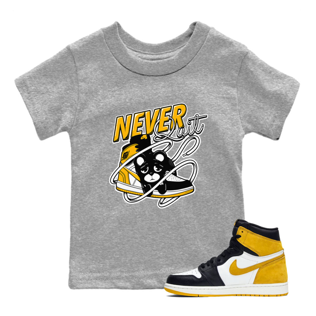 1s Yellow Ochre shirt to match jordans Never Quit sneaker tees streetwear brand Air Jordan 1 High OG Yellow Ochre SNRT sneaker release tees baby toddler Heather Grey 1 cotton Shirt